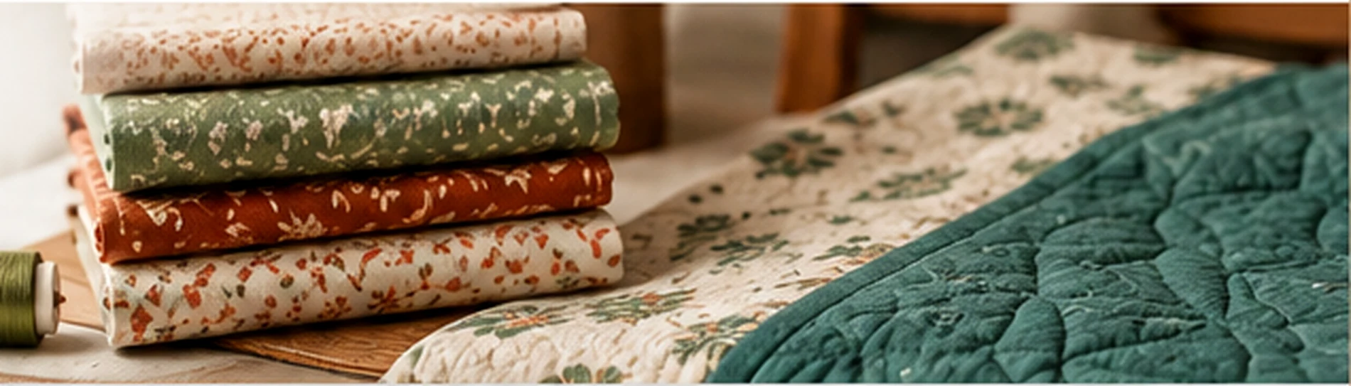 Quilt and folded fabrics in green, cream and terracotta tones
